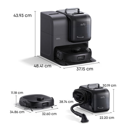 Eufy Omni E28 robotstøvsuger med moppe og basestation, flere vinkler, mål: 43,93×48,41×37,15 cm og 11,18×34,86×32,60 cm.