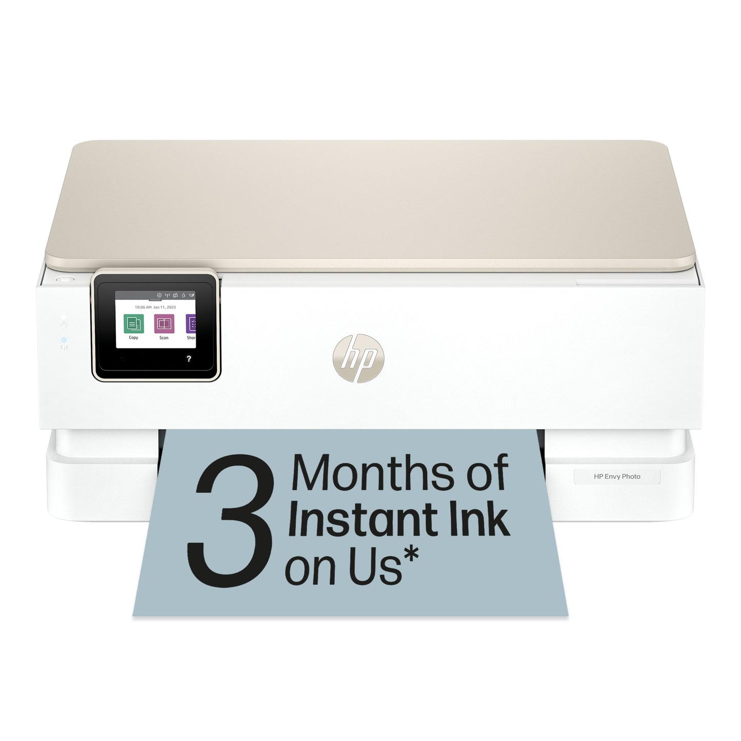 HP Envy Photo 7230 alt-i-en-printer hvid med touchscreen udskriver et ark med teksten "3 måneders Instant Ink on Us".