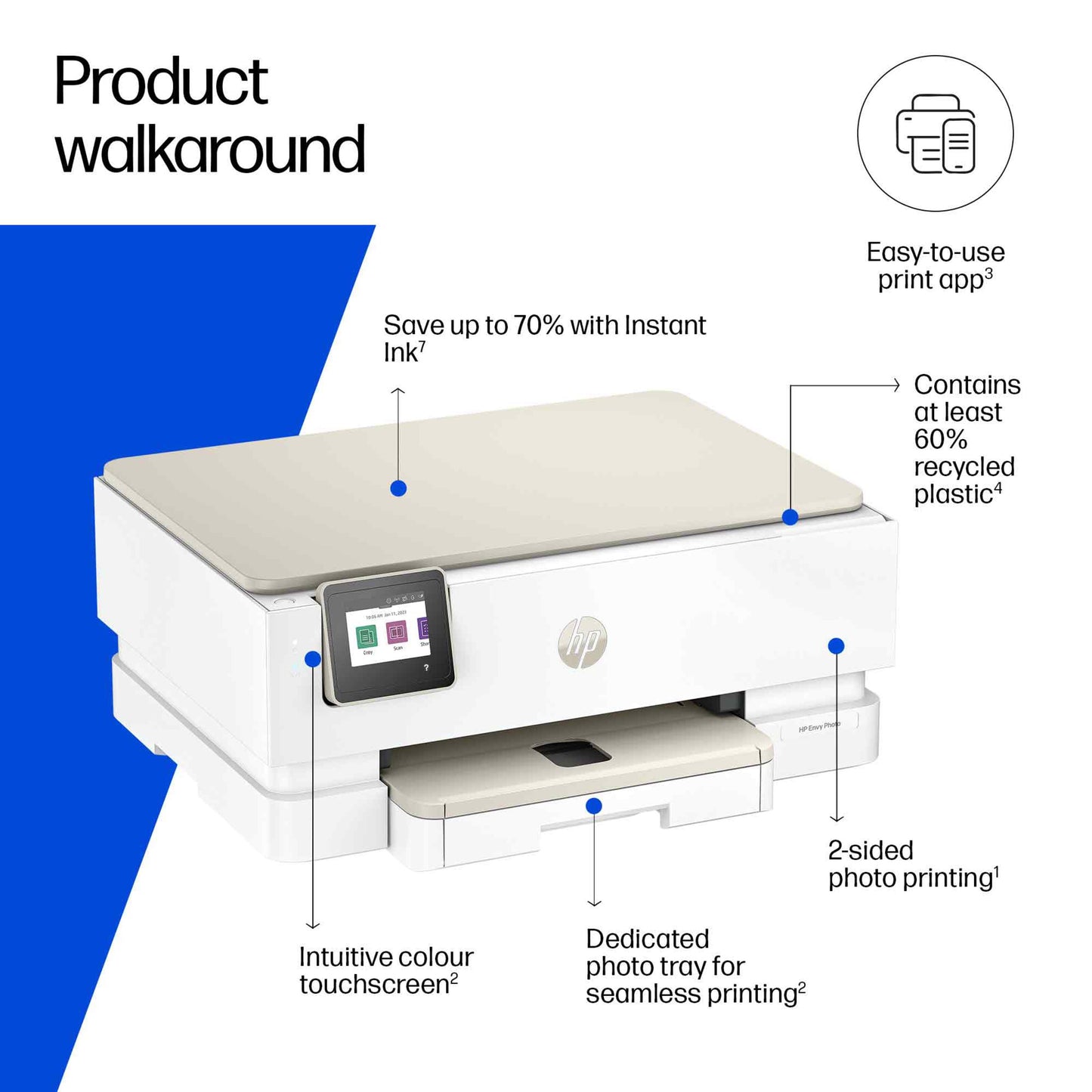 HP Envy Photo 7230 alt-i-en-printer hvid med touchscreen, dobbeltsidet print, fotobakke, Instant Ink, 60 genanvendt plastik.