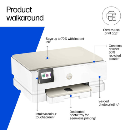 HP Envy Photo 7230 alt-i-en-printer hvid med touchscreen, dobbeltsidet print, fotobakke, Instant Ink, 60 genanvendt plastik.