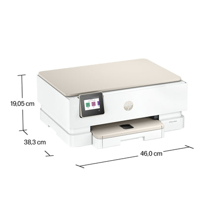 HP Envy Photo 7230 alt-i-en-printer hvid med touchscreen, måler 19,05x38,3x46 cm og har automatisk dobbeltsidet print.