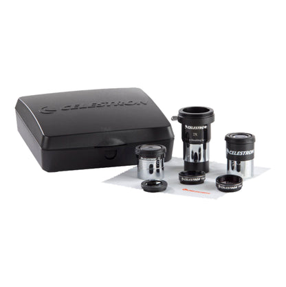 Celestron AstroMaster tilbehørssæt 1,25″ med 3 okularer, 2 Barlow-linser, 2 filtre og bæretaske, 8 dele.