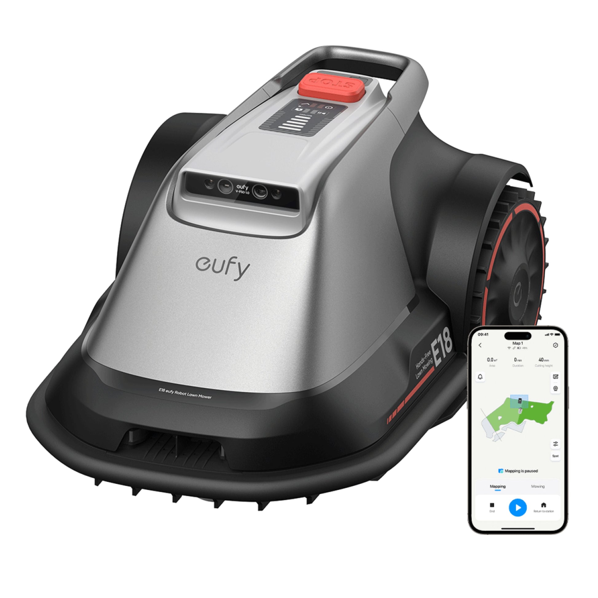 Eufy E18 robotplæneklipper med app-styring, kortvisning på smartphone, trådløs drift uden grænsetråd.