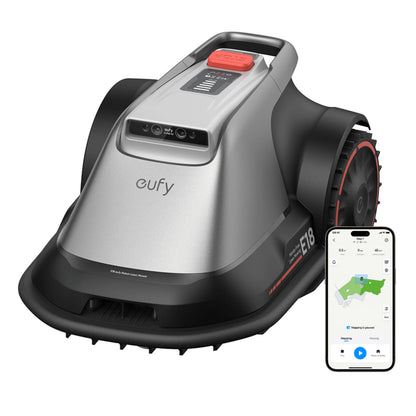 Eufy E18 robotplæneklipper med app-styring, kortvisning på smartphone, trådløs drift uden grænsetråd.