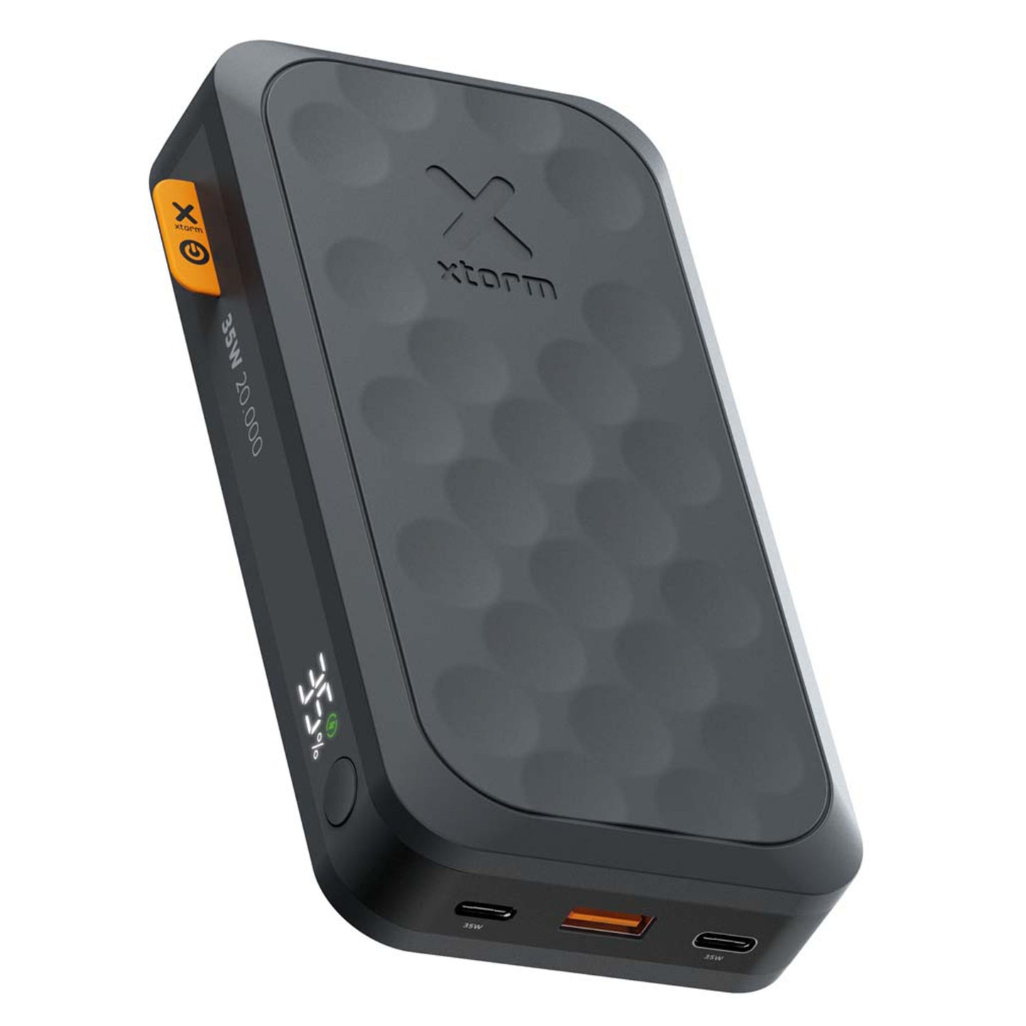 Xtorm Powerbank Fuel Series 5 20000mAh 35W sort med strukturoverflade, orange detalje, LED-indikator, USB-C PD og USB-A port.