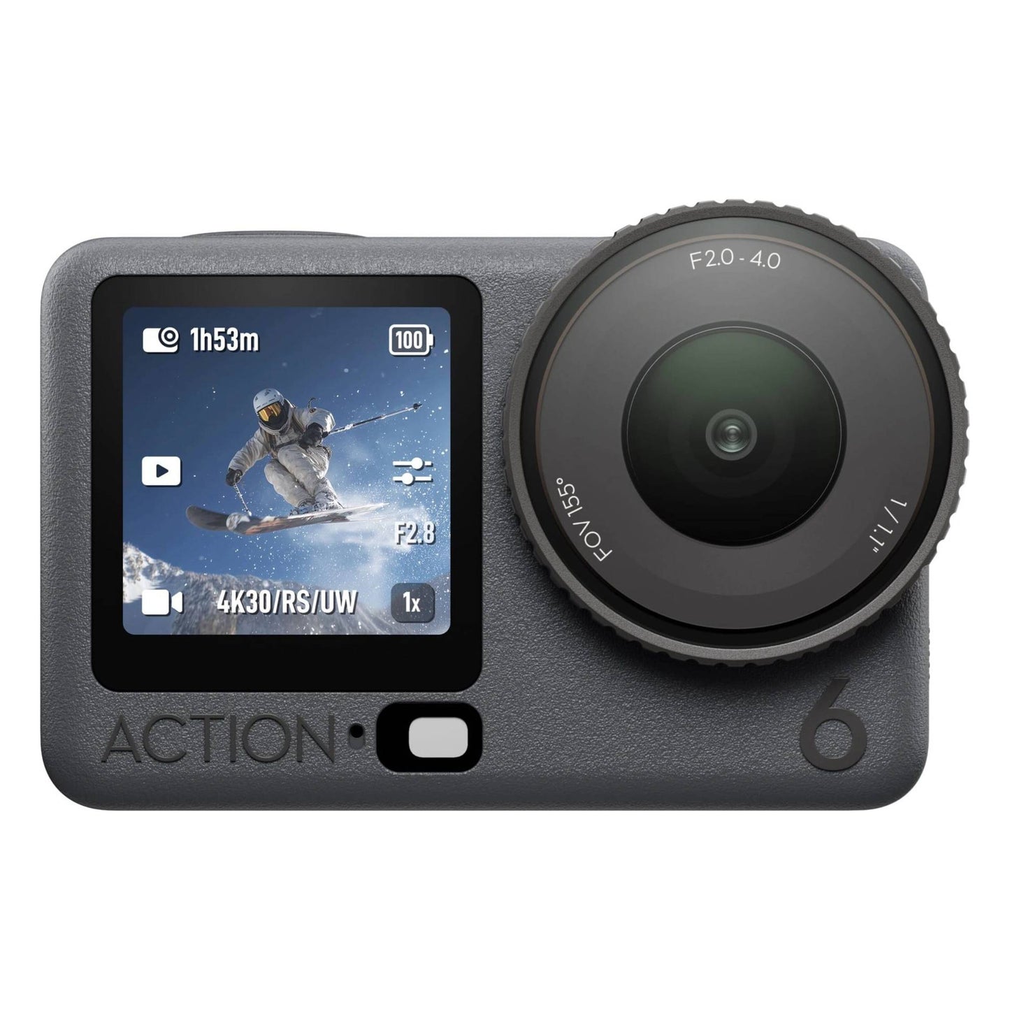 DJI Osmo Action 6 Standard Combo actionkamera med bred linse og skærm, viser 4K-optagelse og RockSteady 3.0.
