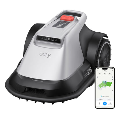 Eufy E15 robotplæneklipper grå med store baghjul ved siden af smartphone med kort og styring.