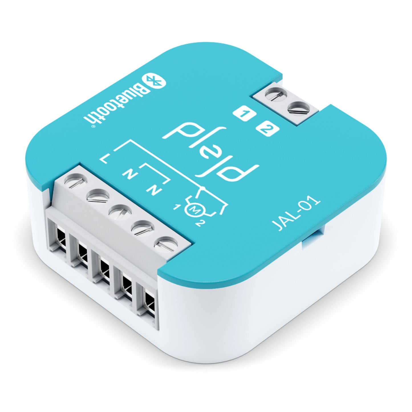 Plejd Persiennecontroller JAL-01 230V blå og hvid firkantet enhed med skrueterminaler og Bluetooth til motoriserede persienner.