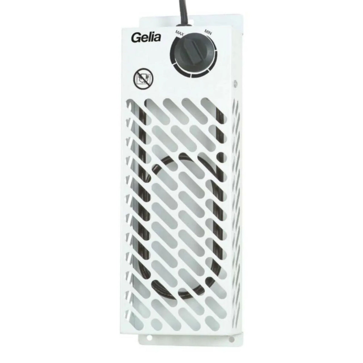 Hvid Gelia frostvagt 200 W, IP24, +5 til +35 °C med gitterfront, termostatdrejeknap og ledning.