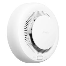 Aqara røgalarm, hvid, rund, vægmonteret, fotoelektrisk røgalarm med ventilationsåbninger, to kinesiske knapper, Zigbee 3.0.