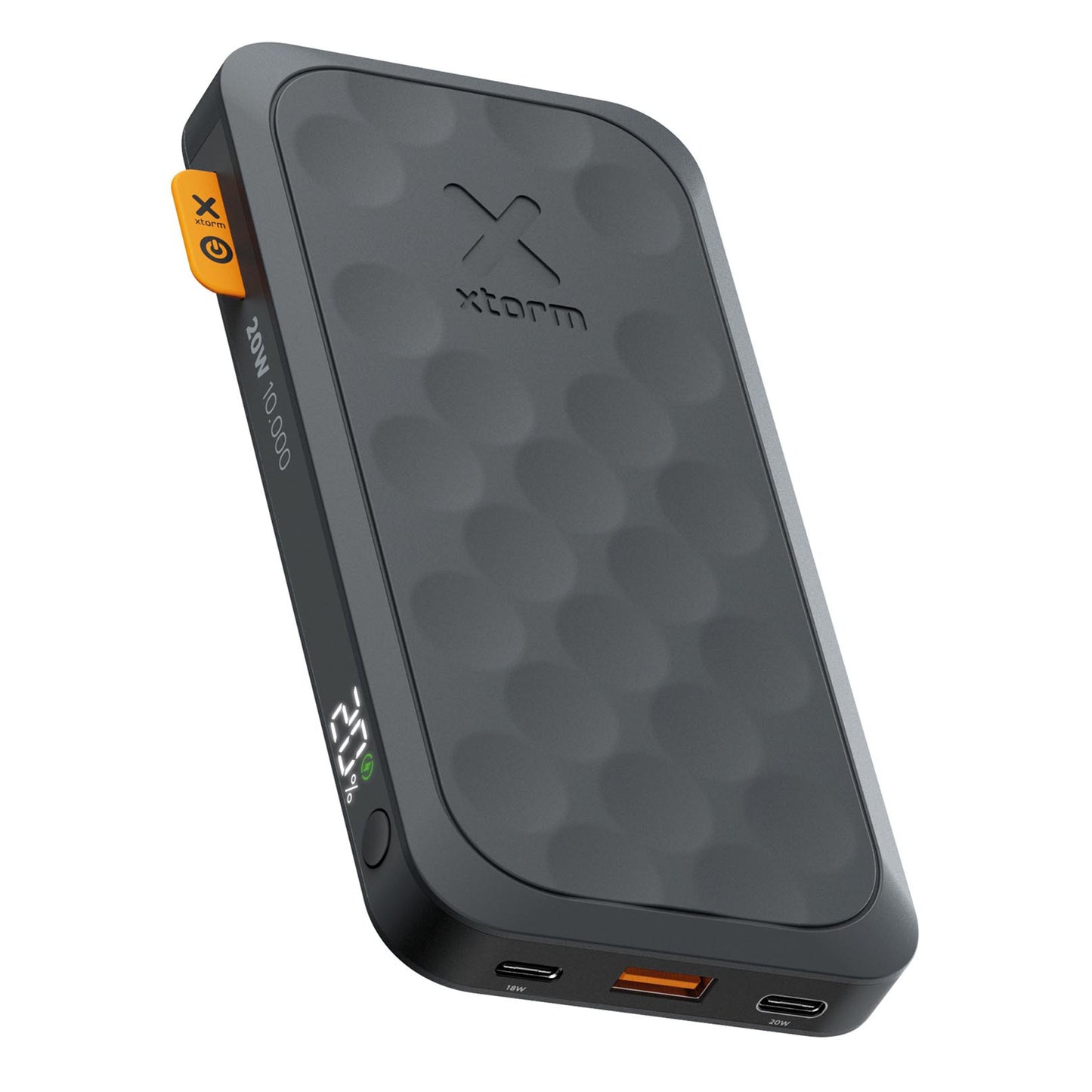 Xtorm Powerbank 20W 10.000 mAh Fuel Series 5 Sort med tekstureret sort design, digital batteriskærm, 2x USB-C, 1x USB-A, orange 20W label.