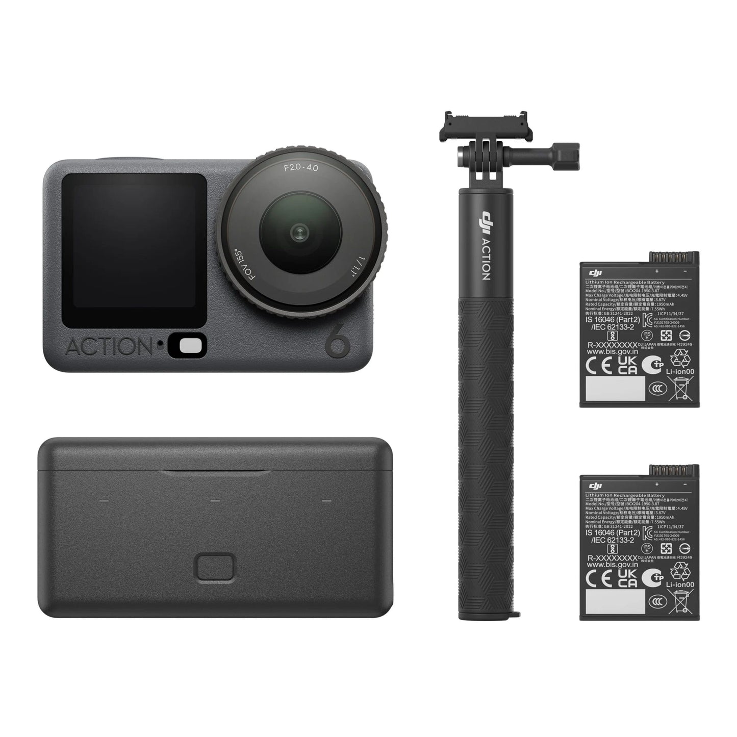DJI Osmo Action 6 Adventure Combo med kamera, selfiestang, to genopladelige batterier og opladningsetui.