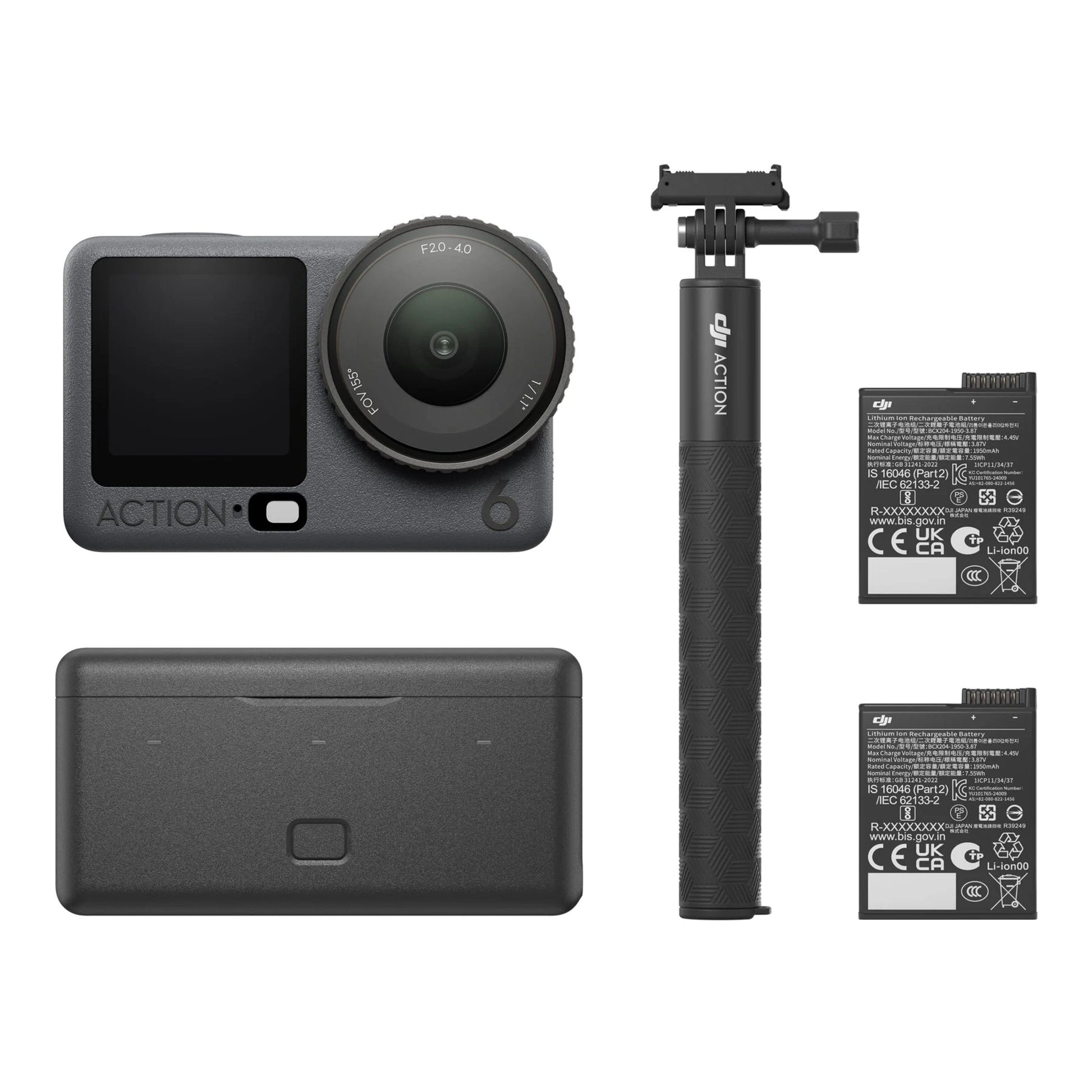 DJI Osmo Action 6 Adventure Combo med kamera, selfiestang, to genopladelige batterier og opladningsetui.