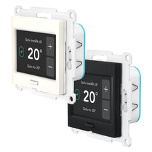 Plejd TRM-01 smart termostat til gulvvarme, hvid og sort, digitalt display 20°C, svenske tekster, plus/minus knapper.