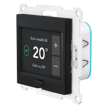 Plejd TRM-01 smart termostat, vægmonteret, sort front, hvid ramme, 20°C display, plus/minus knapper, svensk tekst.