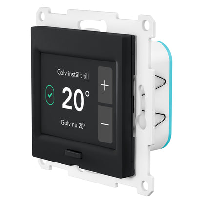 Plejd TRM-01 smart termostat, vægmonteret, sort front, hvid ramme, 20°C display, plus/minus knapper, svensk tekst.