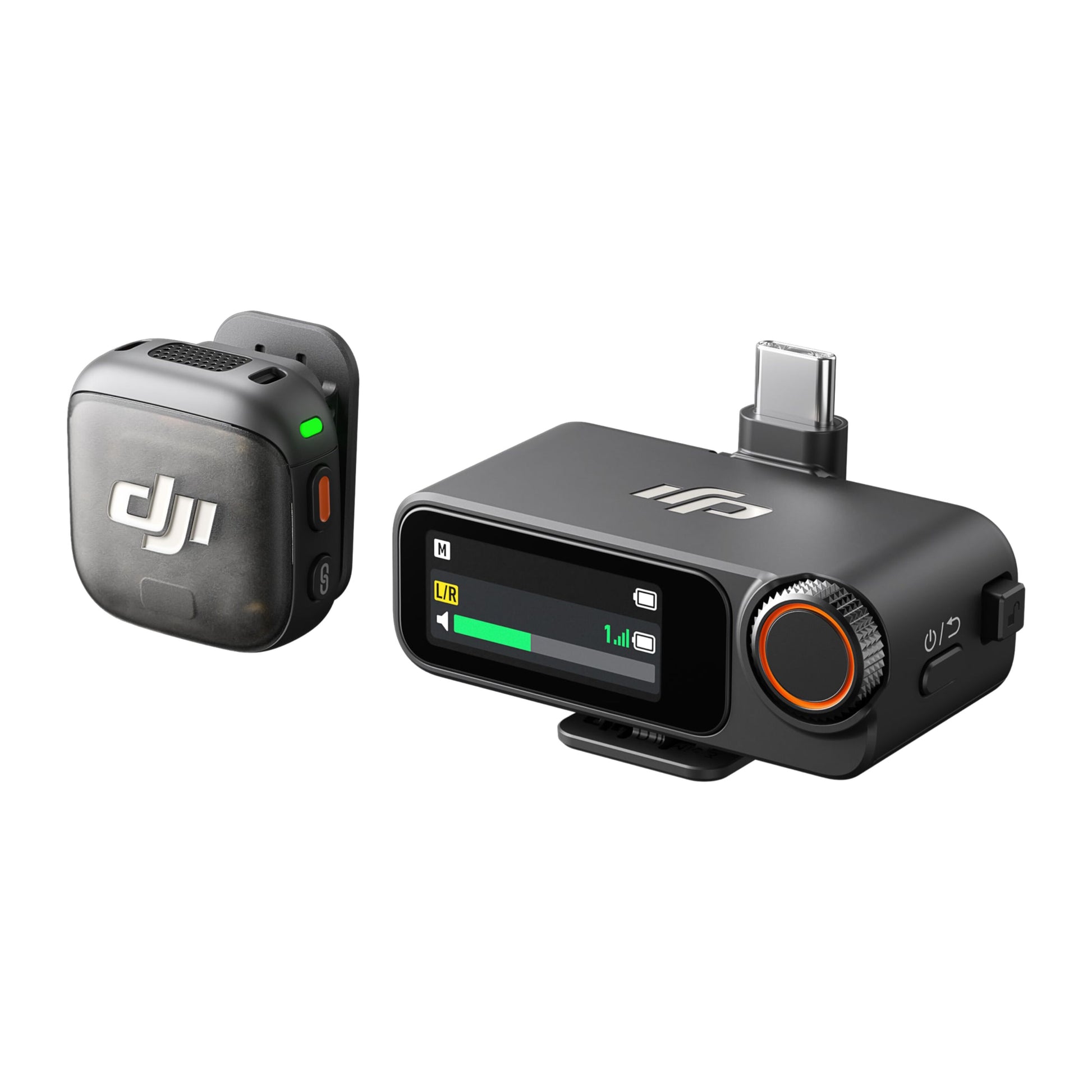DJI Mic 3 trådløst mikrofonsystem med sort sender og modtager, LED-indikator, display, kontrolknap, USB-C, omnimikrofon.