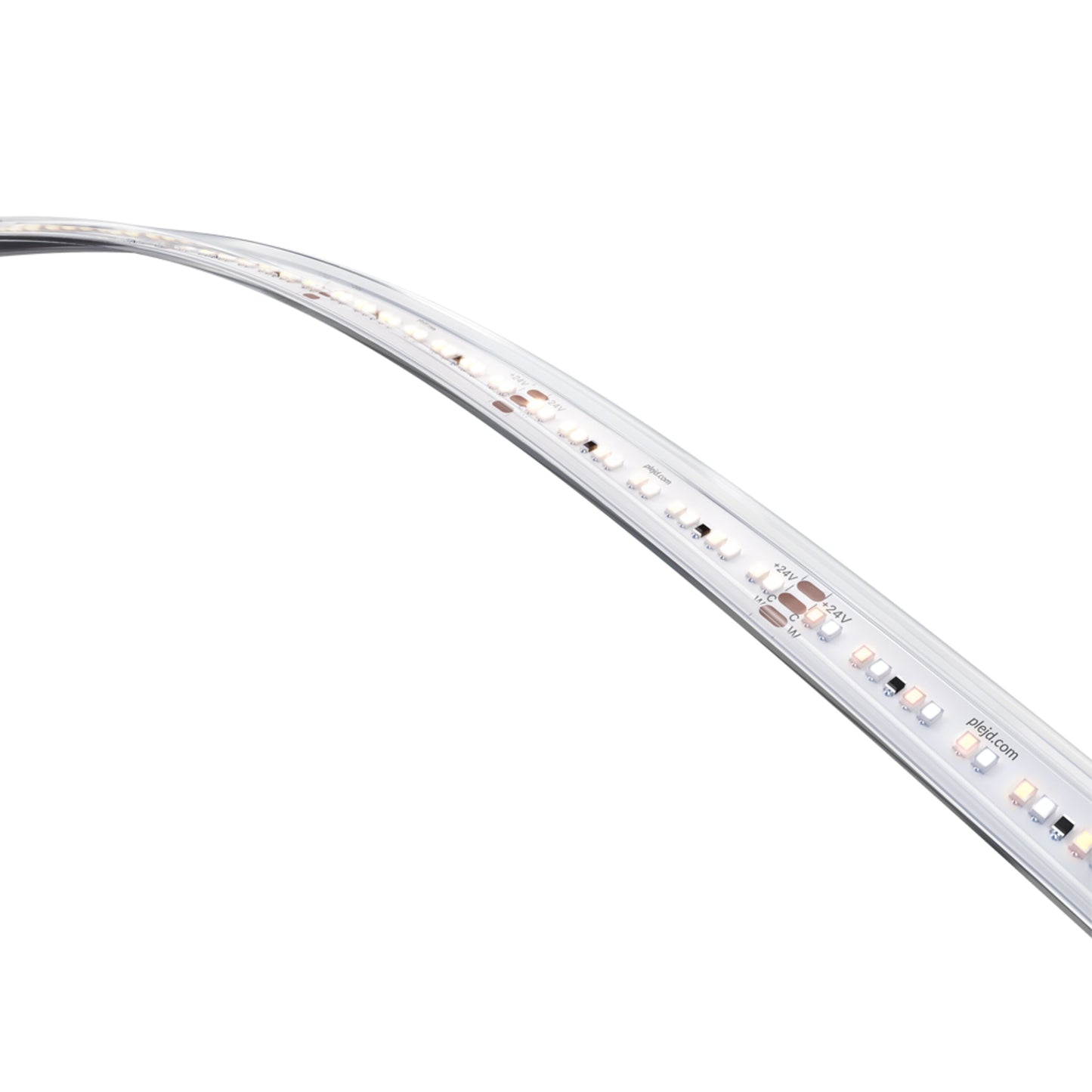 Plejd LED-stribe LST-01 Justerbar Hvid 4 m nærbillede med synlige dioder og komponenter på hvidt printkort.