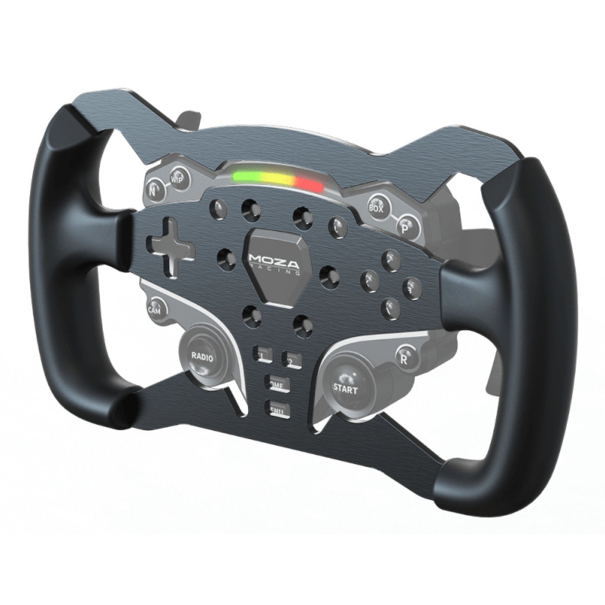 MOZA Racing ES Formula hjulfælg mod 28 cm sort rat med knapper, MOZA-logo, LED-indikatorer og labels START, RADIO, BOX.