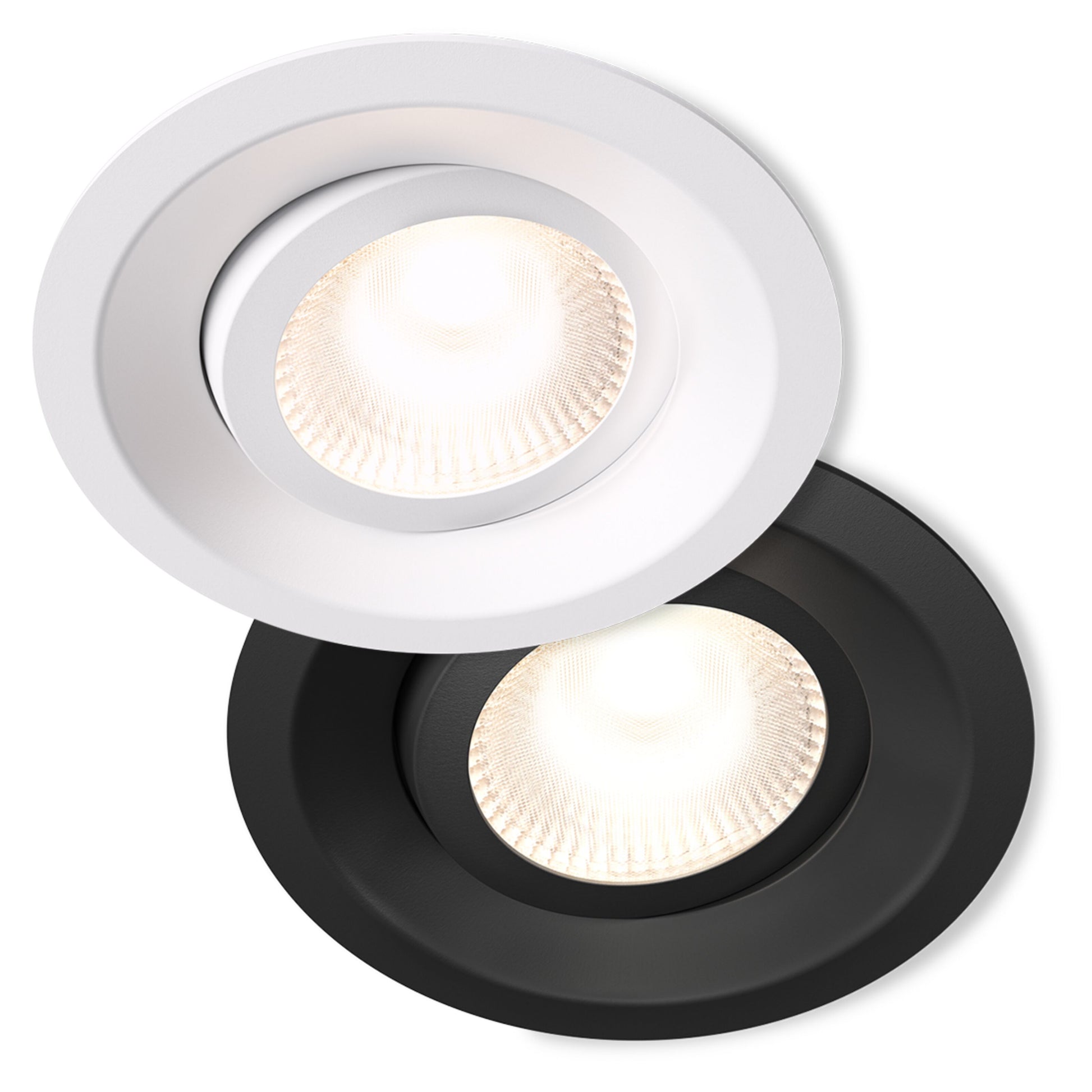 Plejd Downlight Tilt DWN-01, hvid, en med hvid kant og en med sort, begge tændt, dæmpbar og justerbar hvid nuance.