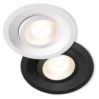 Plejd Downlight Tilt DWN-01, hvid, en med hvid kant og en med sort, begge tændt, dæmpbar og justerbar hvid nuance.