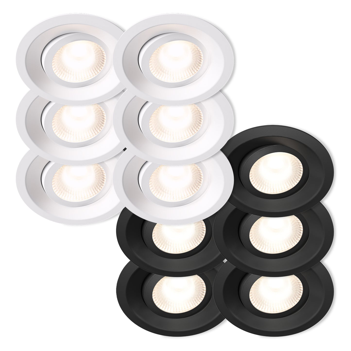 Plejd Downlight Tilt DWN-01 6-pak Hvid, otte hvide og to sorte downlights, to kolonner, sorte i nederste højre hjørne.