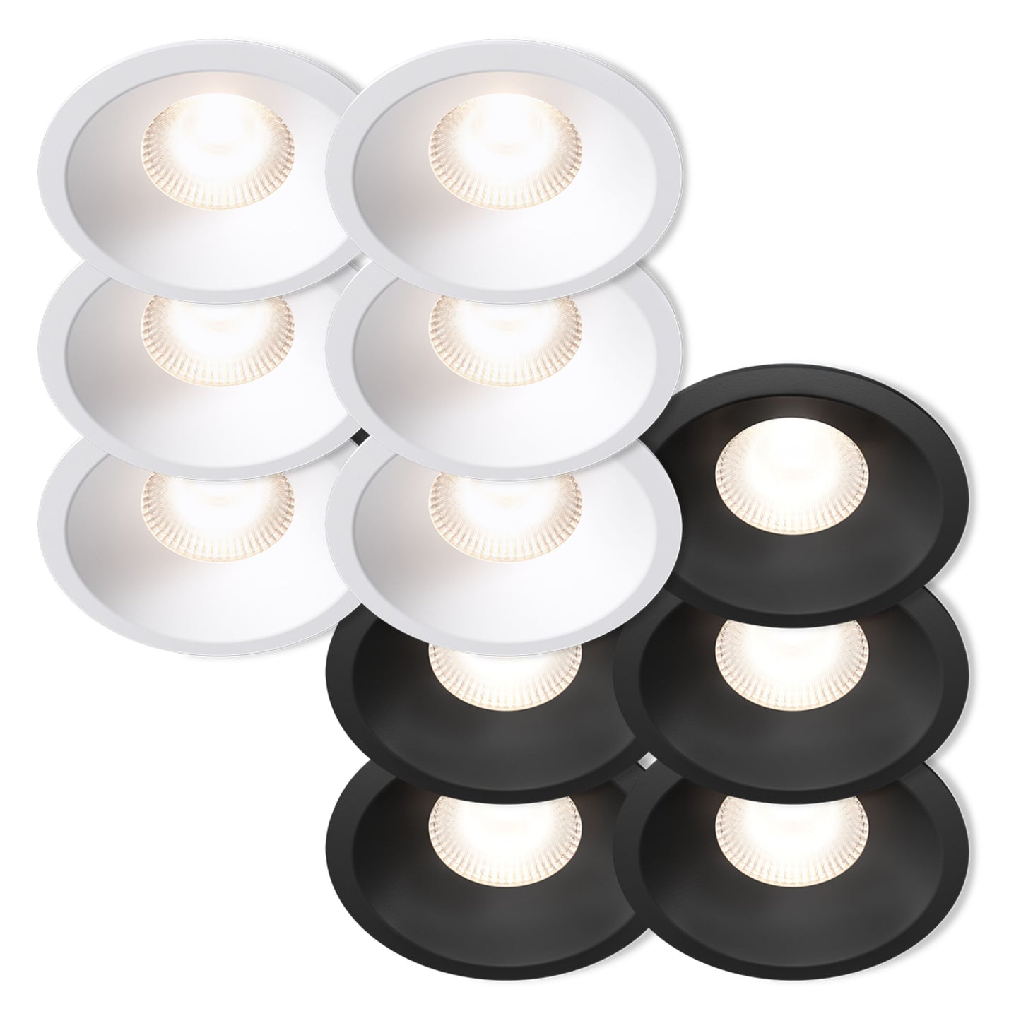 Plejd Downlight Deep DWN-02 6-pack Sort, seks hvide og fire sorte lamper tændt med justerbar farvetemperatur.