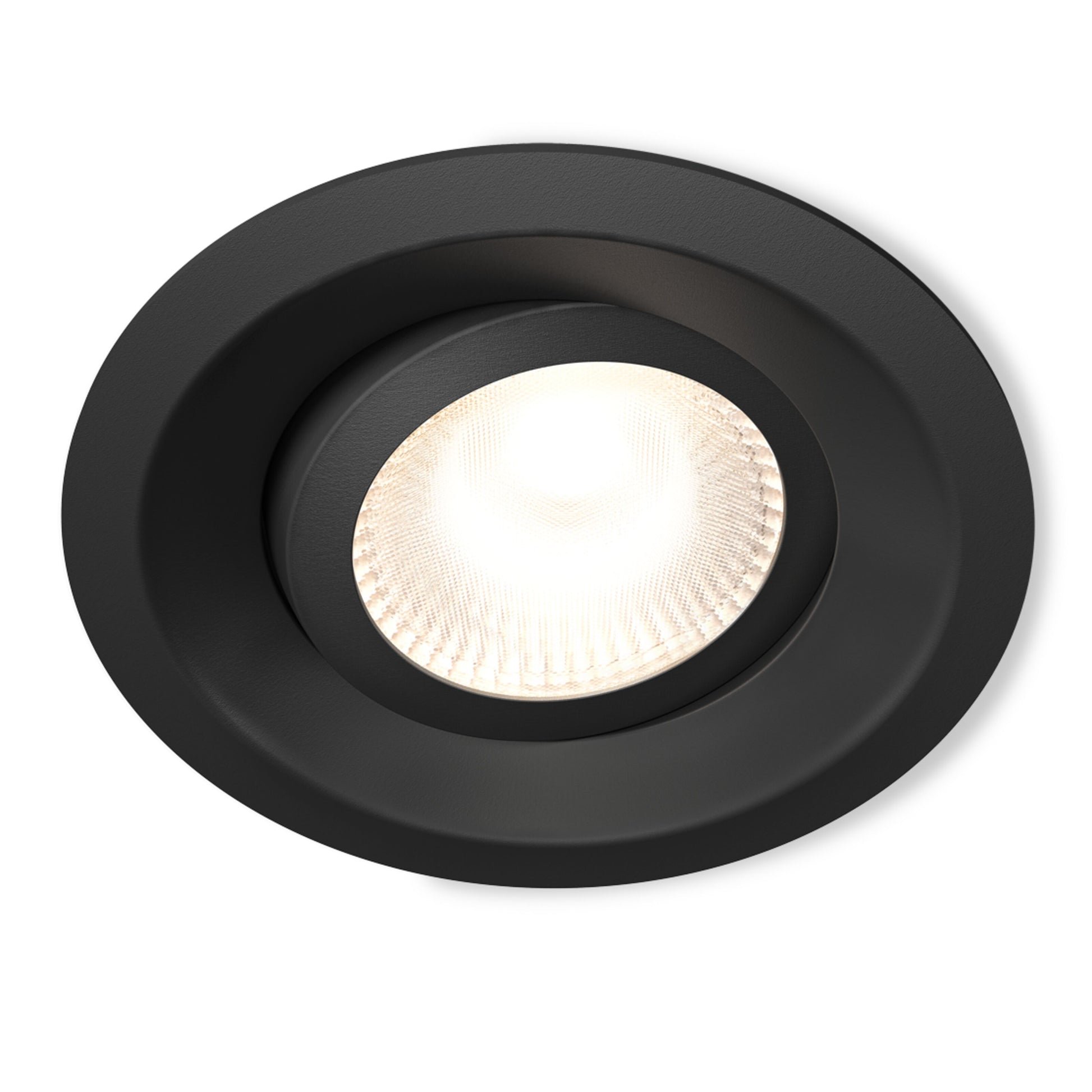 Plejd Downlight Tilt DWN-01 sort, indbygget spot med struktureret overflade og dæmpbar LED, giver diffust lys.