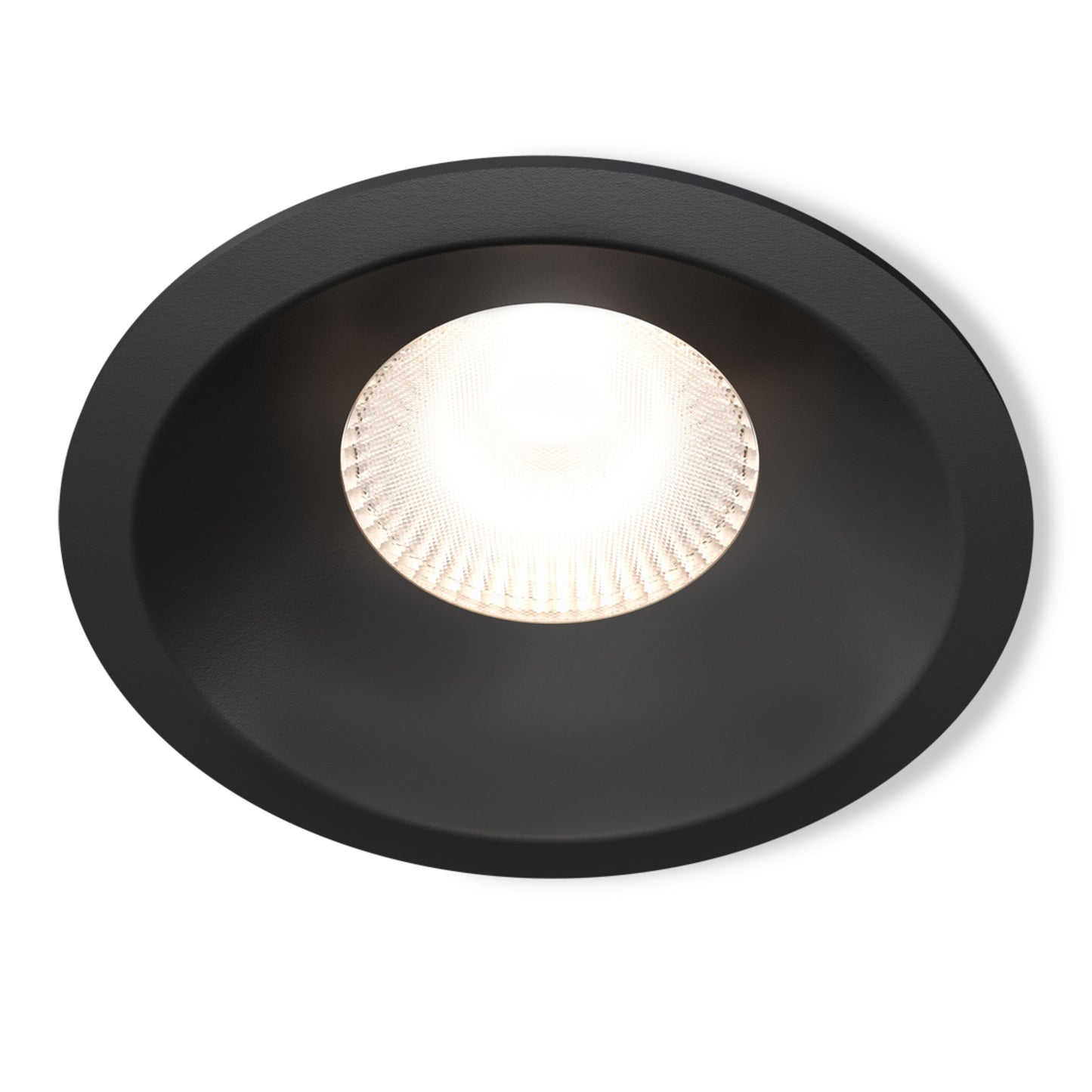 Plejd Downlight Deep DWN-02 Sort rund indbygget loftslampe tændt med hvid dæmpbar belysning.
