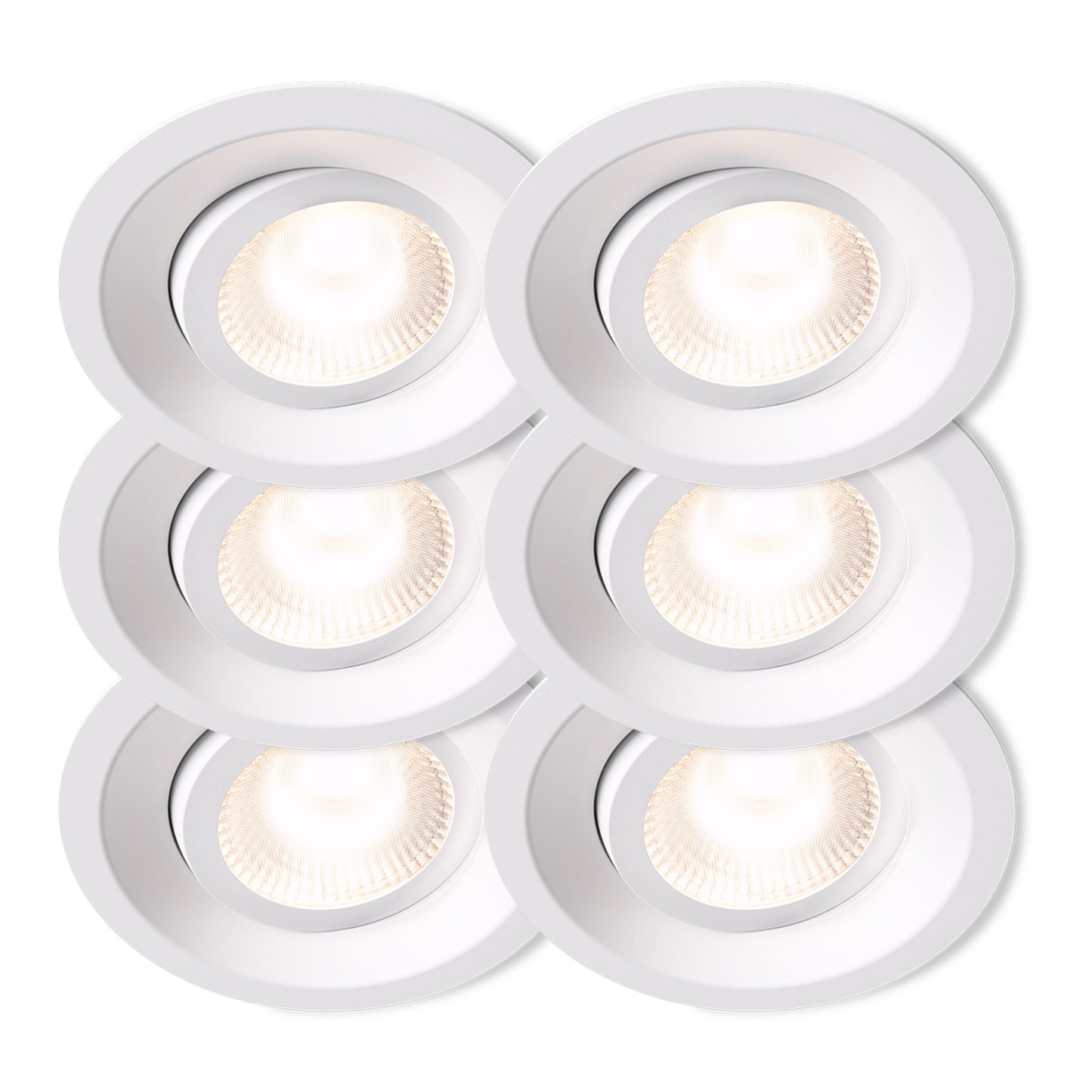 Plejd Downlight Tilt DWN-01 6-pak hvid, arrangeret i to kolonner og tre rækker, alle tændt med varmt hvidt lys.