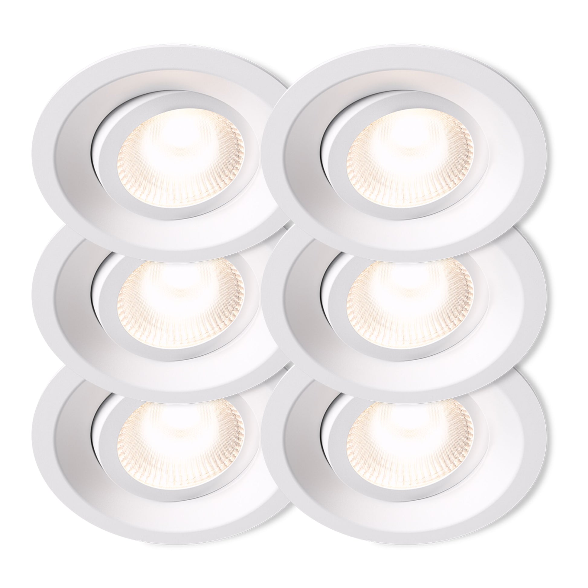 Plejd Downlight Tilt DWN-01 6-pak hvid, arrangeret i to kolonner og tre rækker, alle tændt med varmt hvidt lys.