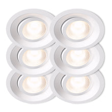 Plejd Downlight Tilt DWN-01 6-pak hvid, arrangeret i to kolonner og tre rækker, alle tændt med varmt hvidt lys.