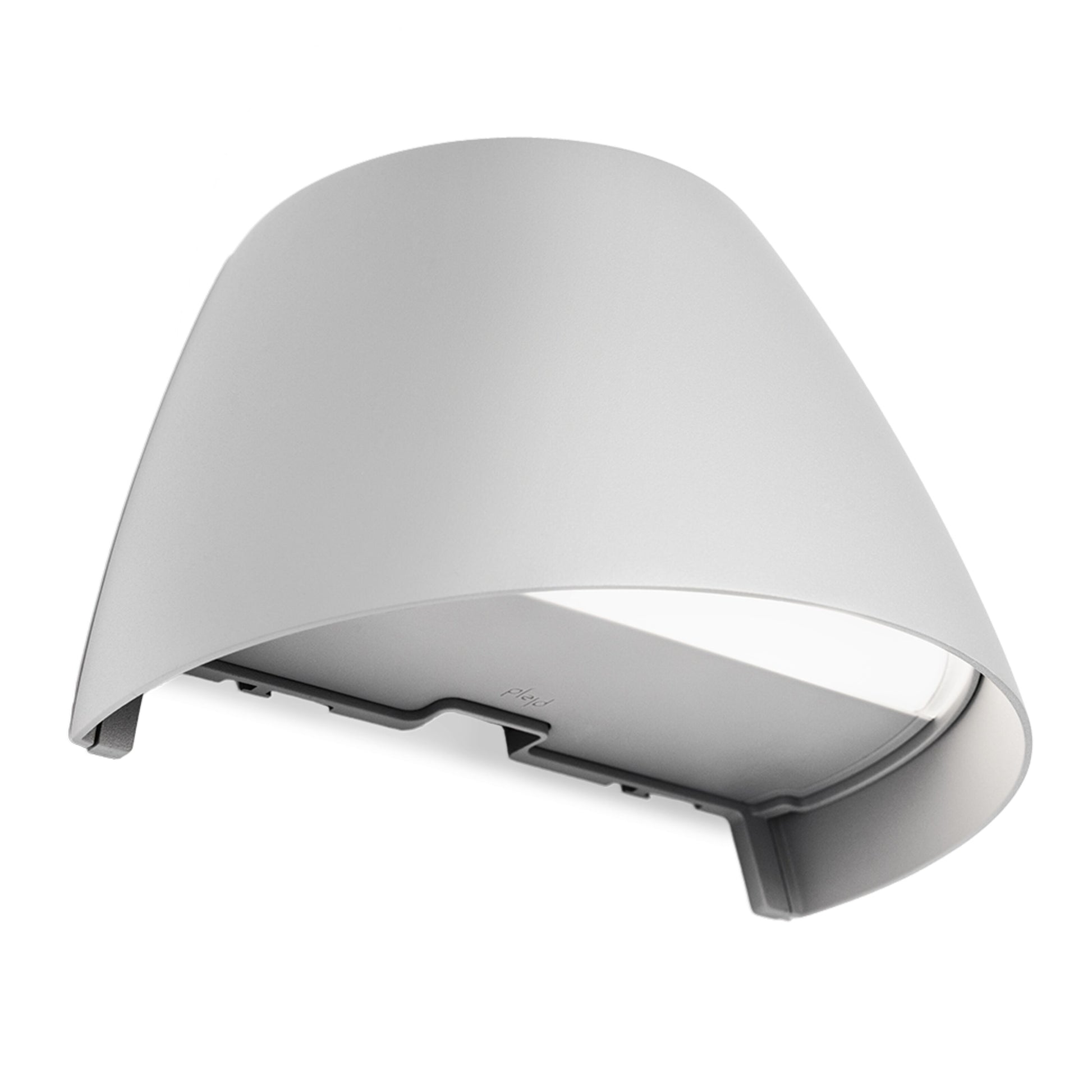 Plejd Smart vægarmatur OUT-02 grå udendørs lampe, buet design med åben bund og synlig lyskilde.