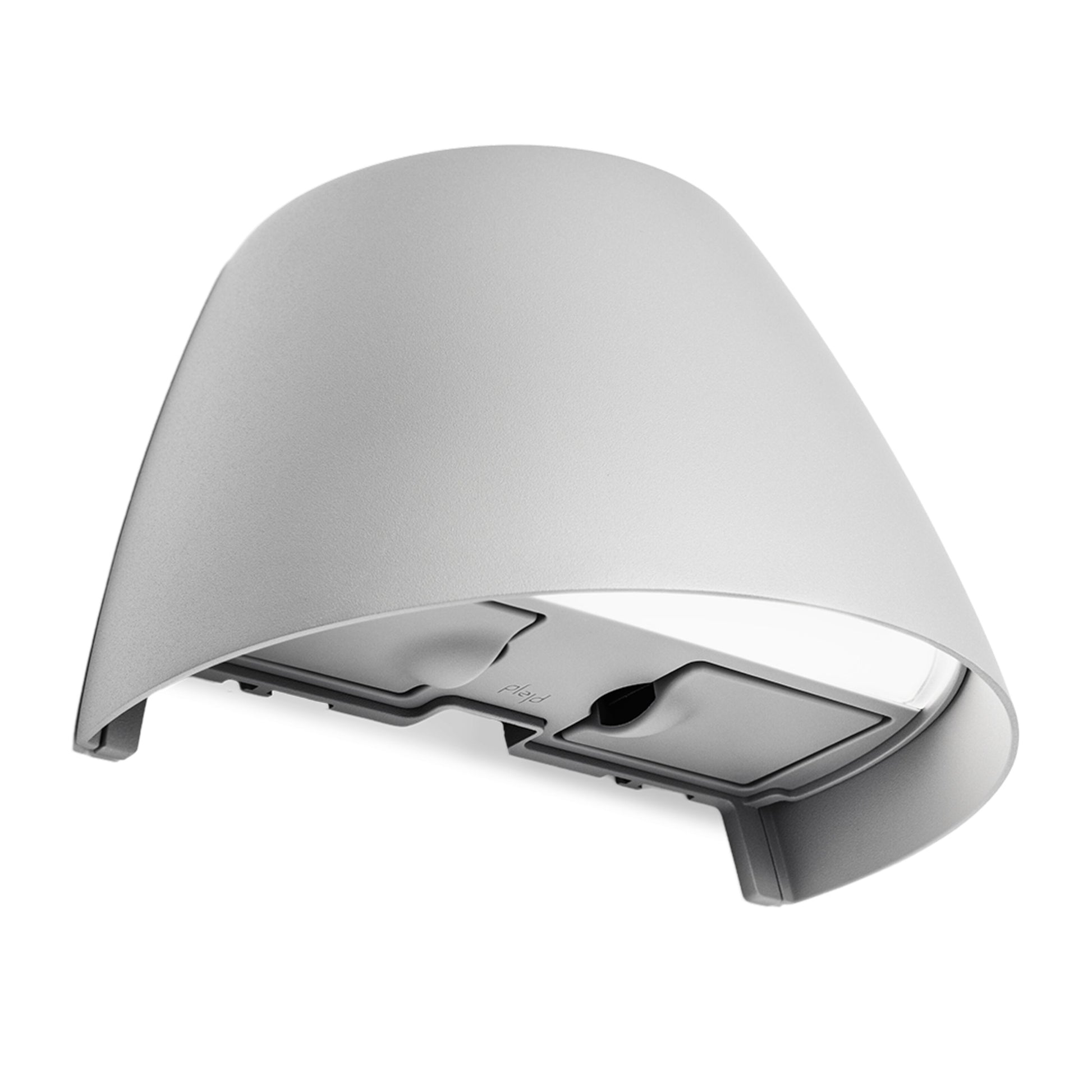 Plejd Smart vægarmatur OUT-02-U grå med eludtag, buet design, åben bund og integreret LED til udendørs væg/loftmontering.