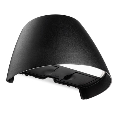 Smart vægarmatur OUT-02-U med elstik, sort, buet design, åben front og mat finish, dæmpbar til udendørsbrug.