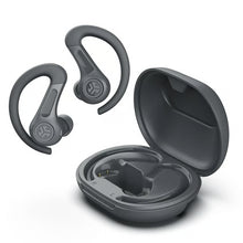JLAB JBuds Sport ANC 4 sorte sportshovedtelefoner med støjreduktion og ørekroge i et åbent opladningsetui.