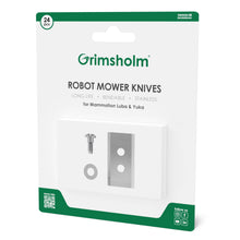 Grimsholm knive 24 stk til Mammotion Luba og Yuka, hvide æsker med grøn tekst og ikoner, inkl. metalblade og skruer.