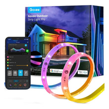 Govee Udendørs Strip Light Pro RGBICWW 10 m kit, til RGBICWW lysbånd, Govee app på mobil, æske med belyst bolig.