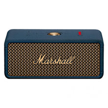 Marshall Emberton III Bluetooth-højttaler i midnatsblå, gyldent frontnet, Marshall-logo, rød indikatorlampe på toppen.