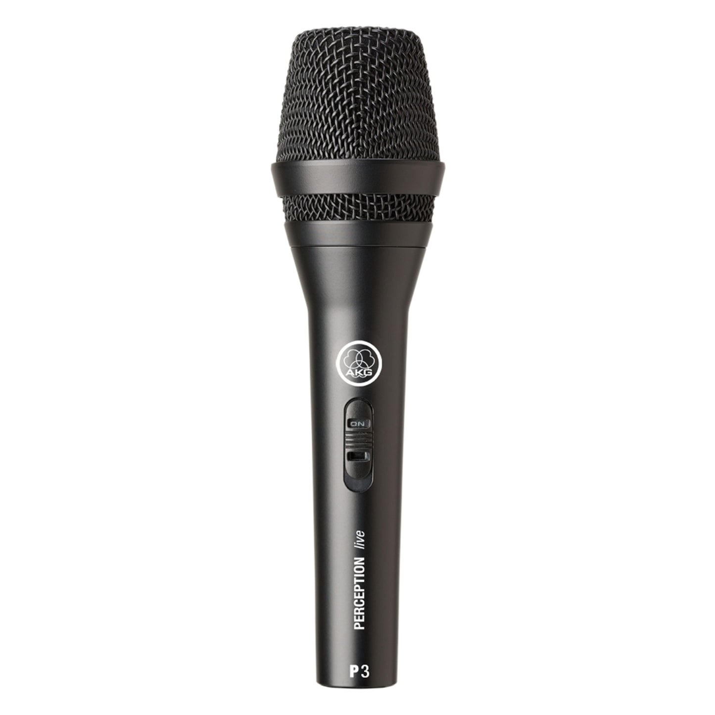 AKG Perception P3 S sort sangmikrofon med kardioidmønster, mesh-grill, tænd/sluk-knap og lodret modelnavn på håndtag.
