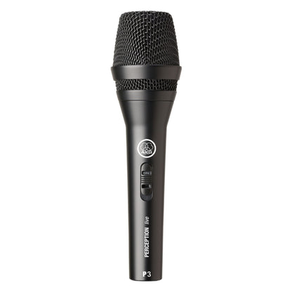 AKG Perception P3 S sort sangmikrofon med kardioidmønster, mesh-grill, tænd/sluk-knap og lodret modelnavn på håndtag.