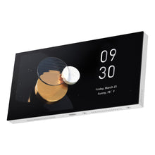 AQARA Panel Hub S1 Plus smartskærm med Zigbee 3.0 og Matter Bridge, der viser tid, dato og vejr på en geometrisk baggrund.