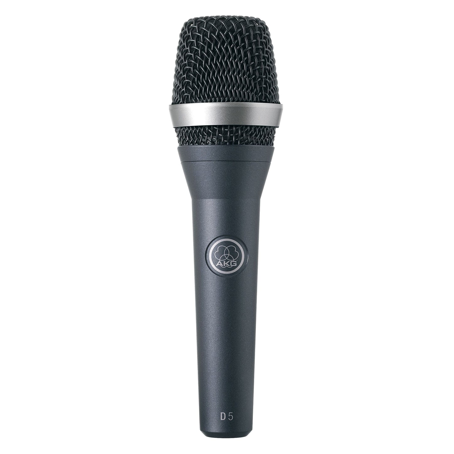 AKG D5 dynamisk sangmikrofon, superkardioid, sort metalmesh-grill, sølvring, AKG-logo og modelnummer på håndtaget.