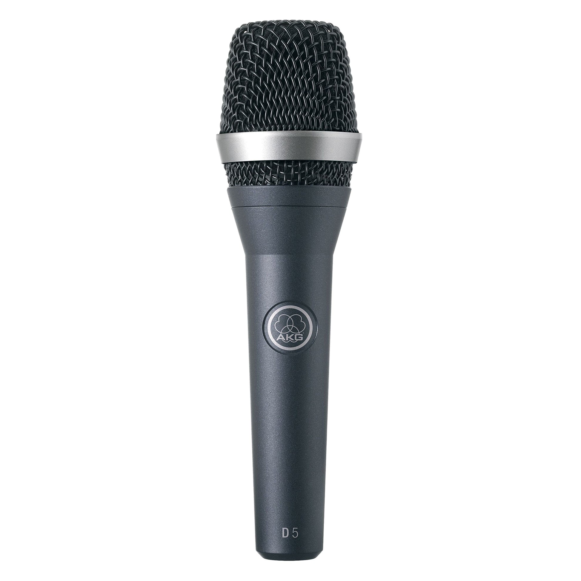AKG D5 dynamisk sangmikrofon, superkardioid, sort metalmesh-grill, sølvring, AKG-logo og modelnummer på håndtaget.