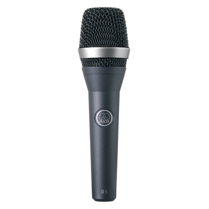 AKG D5 dynamisk sangmikrofon, superkardioid, sort metalmesh-grill, sølvring, AKG-logo og modelnummer på håndtaget.