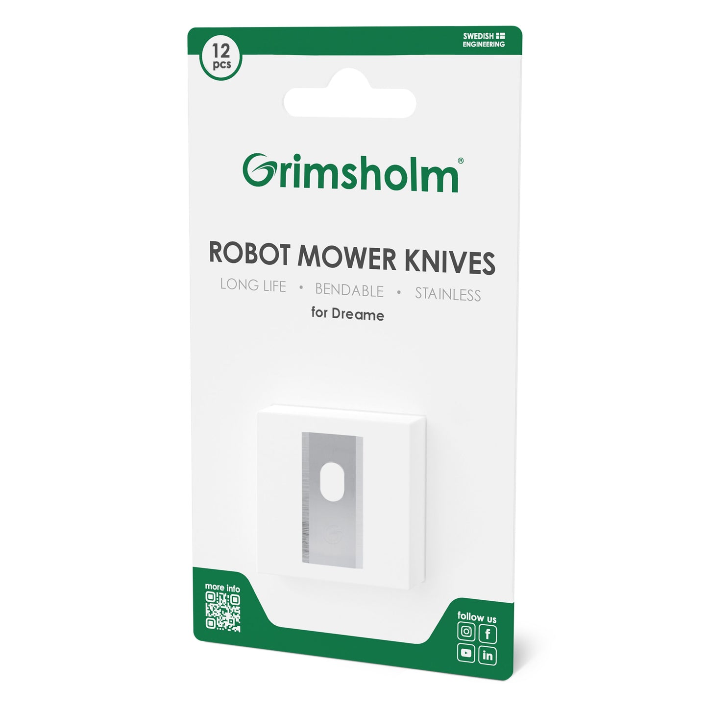 Dreame robotplæneklipper knive 12-pak i hvid/grøn æske med produktinfo og synligt rum til rustfri stålklinger.