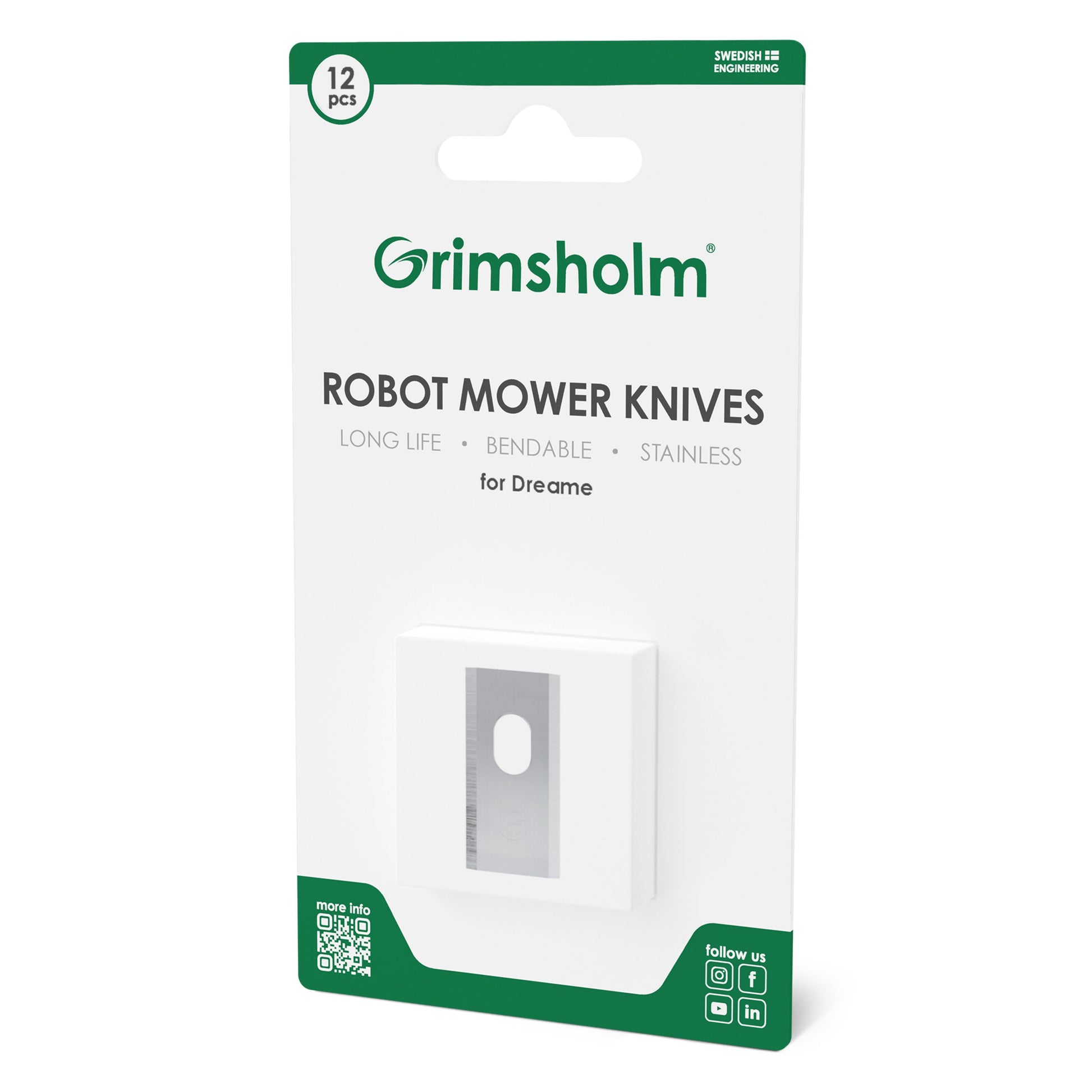 Dreame robotplæneklipper knive 12-pak i hvid/grøn æske med produktinfo og synligt rum til rustfri stålklinger.