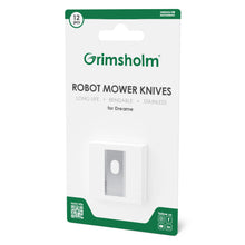 Dreame robotplæneklipper knive 12-pak i hvid/grøn æske med produktinfo og synligt rum til rustfri stålklinger.