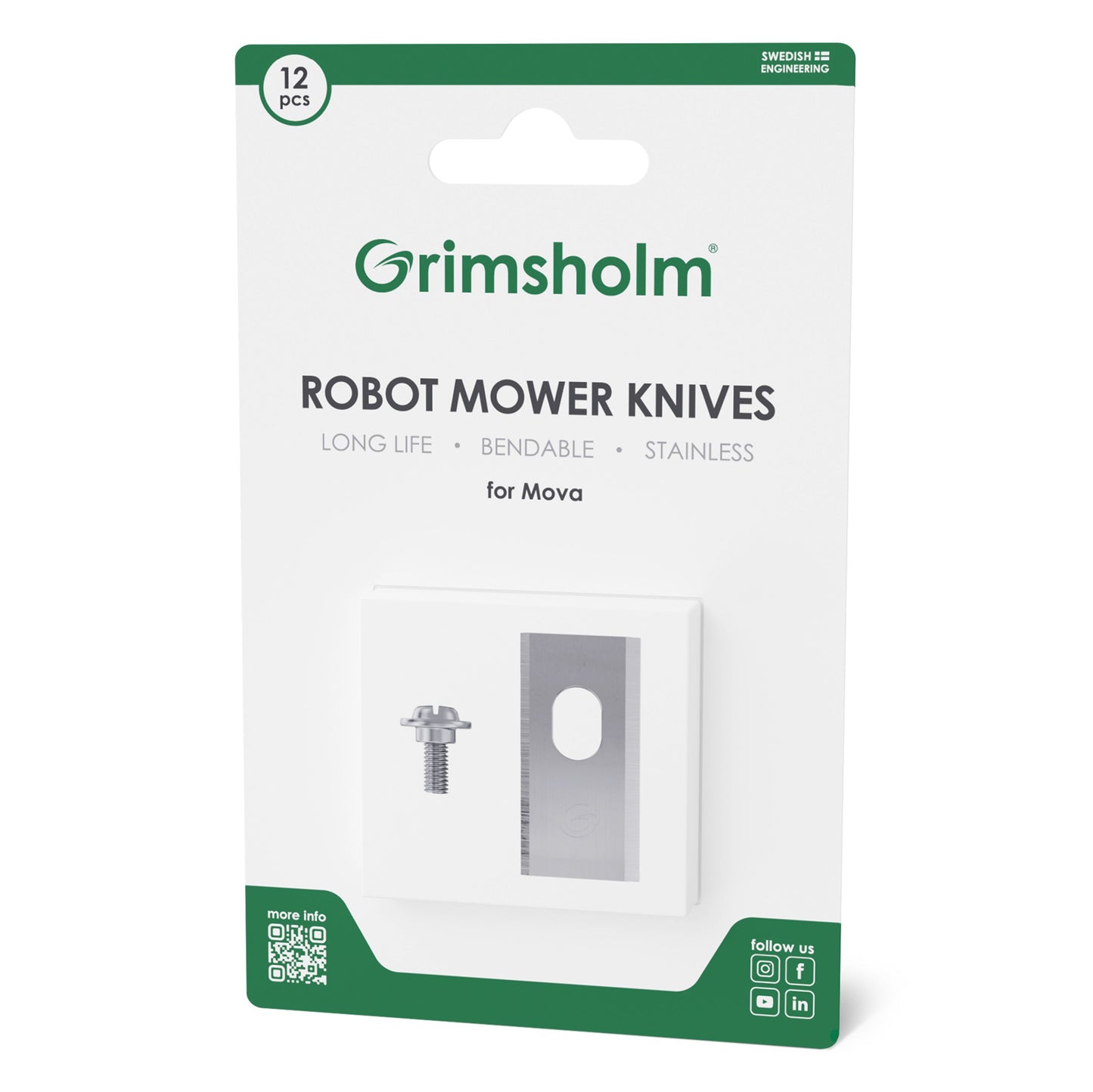 Grimsholm Kniv til MOVA robotplæneklipper, 12 stk rustfri kniv og skruer, grøn/hvid pakke med produktinfo.