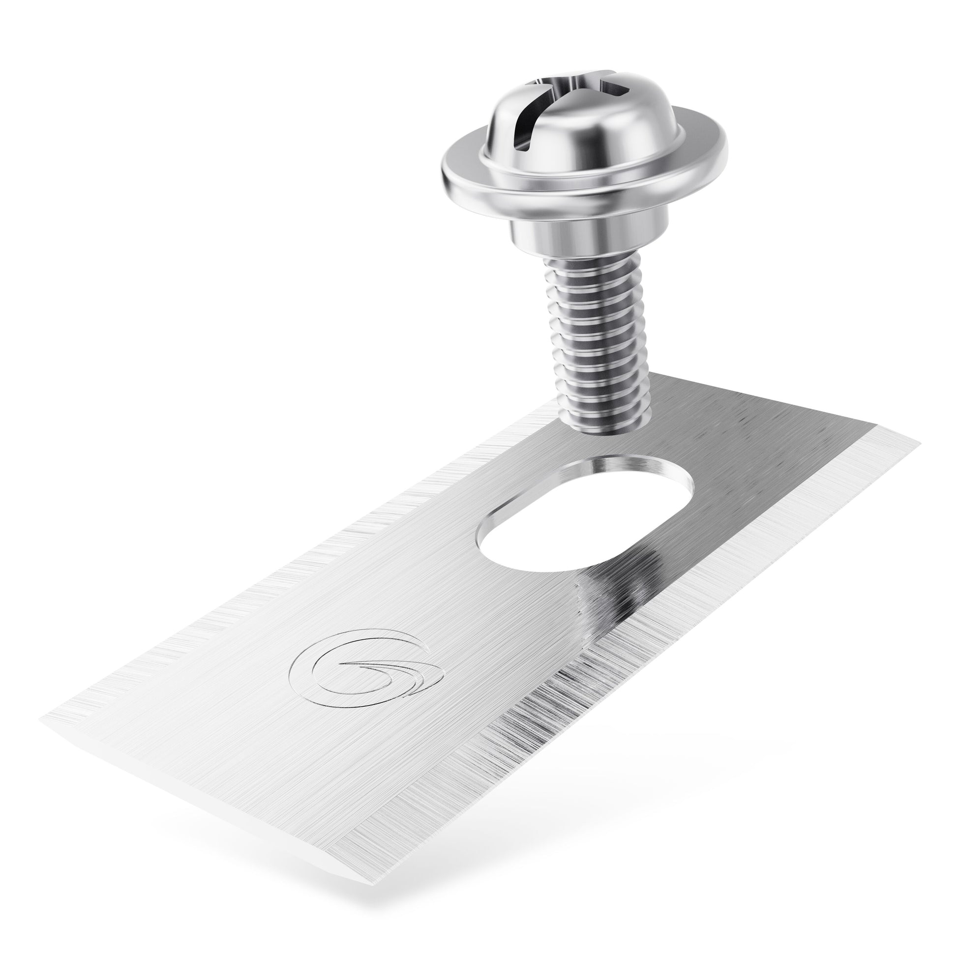 Grimsholm Kniv til MOVA robotplæneklippere 12 stk, metallic skrue i ovalt hul, savtakket kant, indgraveret logo.
